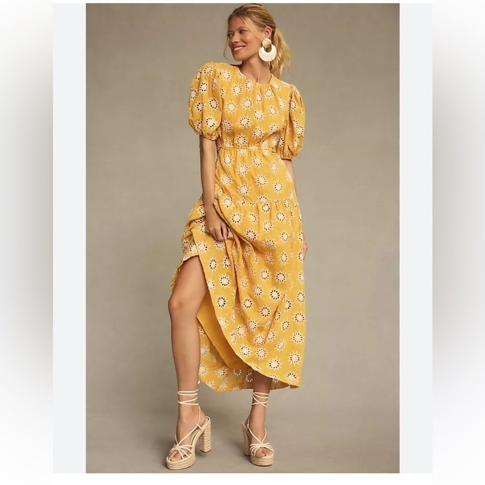 Anthropologie En Saison Puff-Sleeve Tiered Embroidered Dress Size XS